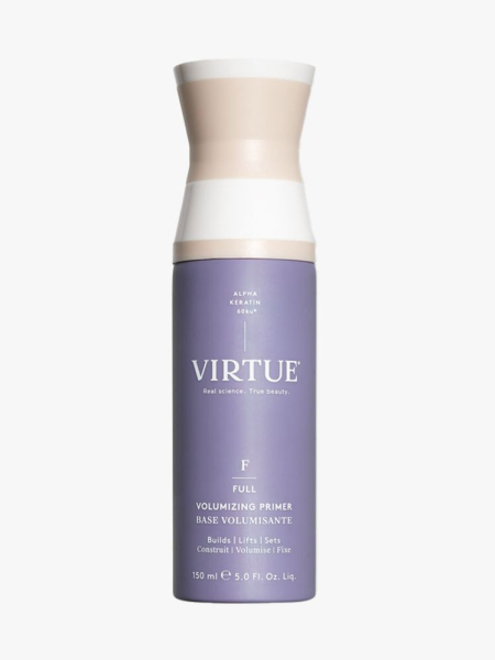 Lavalendar purple bottle of Virtue Volumizing Primer with white and cream colored top on light gray background