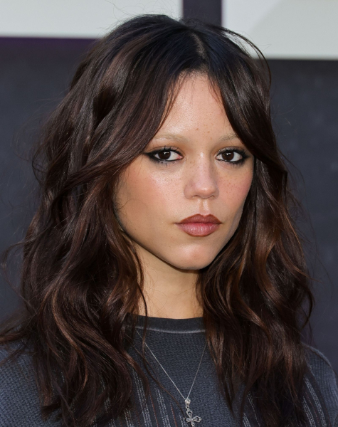 Jenna Ortega with long curtain bangs
