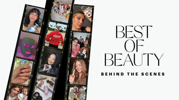 designed image with photo film strips with images of women testing beauty products